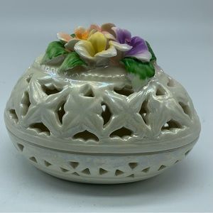 THINK EASTER! Reticulated Porcelain 2-Part Egg With Cover Decorated with Flowers